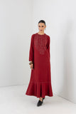 RED MELANGE ABSTRACT EMBROIDERED LONG DRESS (1 PC)