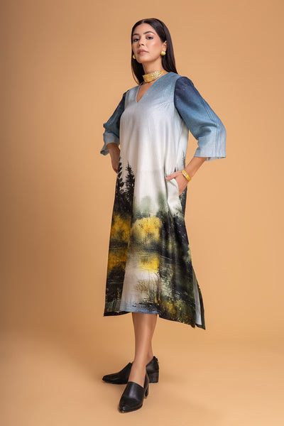 BLUES CHANDERI PRINTED DRESS (1 PC)