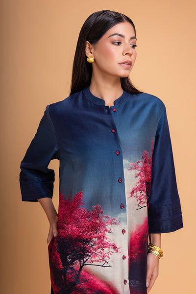 MIDNIGHT BLUE & PINK CHANDERI PRINTED SHIRT (1 PC)