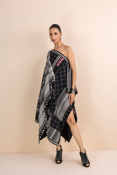 BLACK HANDWOVEN COTTON PATCHWORK DRAPED DRESS (1 PC)