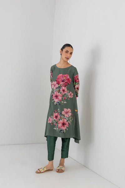 MINTED SAGE SILK CHANDERI HIBISCUS PRINTED DRESS (1 PC)