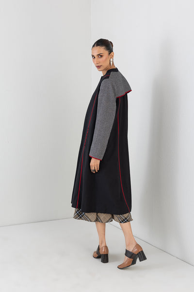 BLACK WOOLEN CHEQUERED LONG JACKET (1 PC)