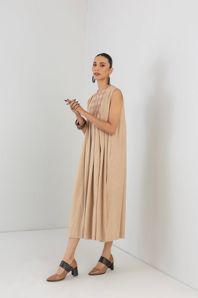 BEIGE BOX PLEATED WOOLEN EMBROIDERED DRESS (1 PC)