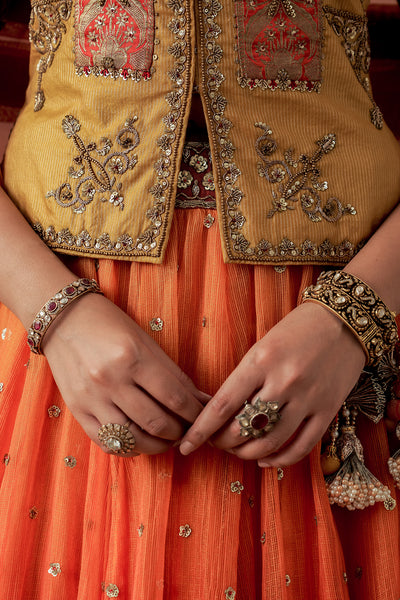 ORANGE & YELLOW TISSUE BROCADE EMB. LEHENGA SET (MH-01C) ( 5 PCS)