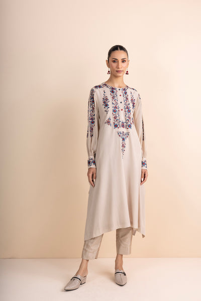 BEIGE FLAT CHIFFON MULTICOLOURED EMBROIDERED KURTA SET (2 PCS)