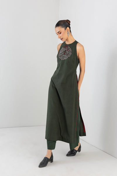 MOSS GREEN MELANGE DRESS PAIRED WITH MOSS GREEN PANTS (2 PCS)