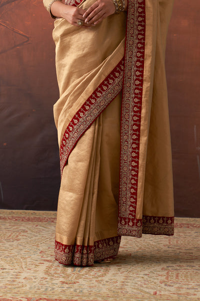 GOLD TISSUE SAREE WITH RED BORDER & UNSTITCHED BLOUSE (2 PCS)