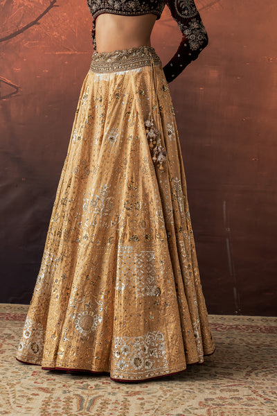 GOLD SILK TISSUE PRINTED & EMB. LEHENGA SET (EVO-07) (4 PCS)