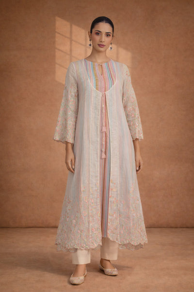 AN AIRY OFF-WHITE CHANDERI JACKET KURTA WITH PASTEL DETAILING