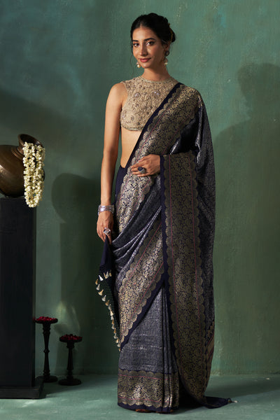 DARK BLUE TISSUE BANARASI SILK EMBROIDERED SAREE WITH UNSTITCHED BLOUSE (1 PC)