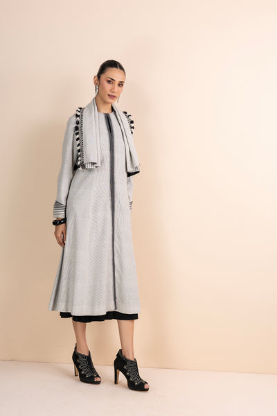 GREY HANDWOVEN COTTON LONG TRENCH COAT (1 PC)