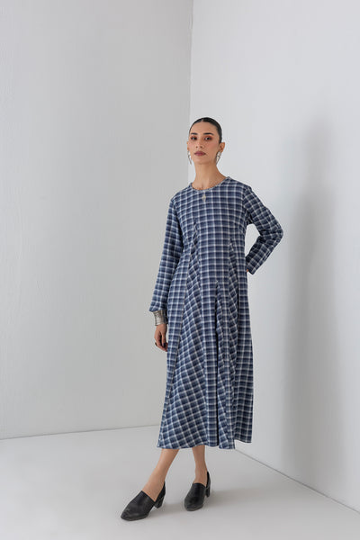 BLUE CHEQUERED WOOLEN GODET PANELS DRESS (1 PC)