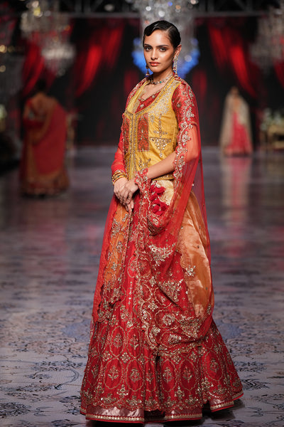 RED & YELLOW SILK DUPION EMBROIDERED DOUBLE LAYERED LEHENGA SET (5 PCS)