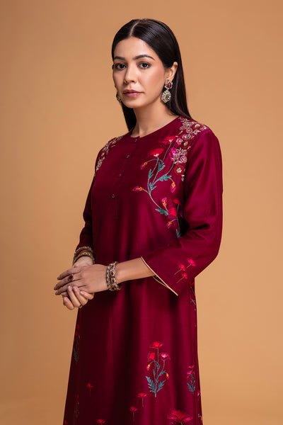 RUBY RED CHANDERI EMB. KURTA SET (2 PCS)