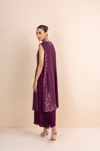 WINE PRINTED & EMBROIDERED SLEEVELESS KURTA SET (2 PCS)