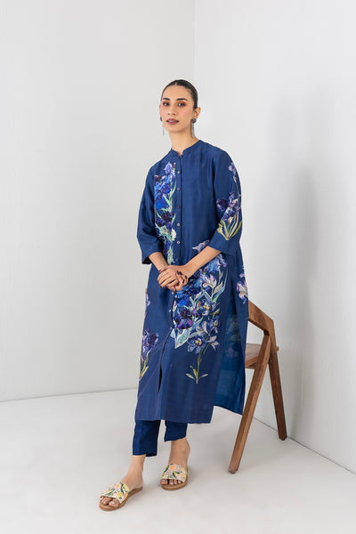 MIDNIGHT INDIGO SILK CHANDERI FLORAL PRINTED TUNIC (1 PC)