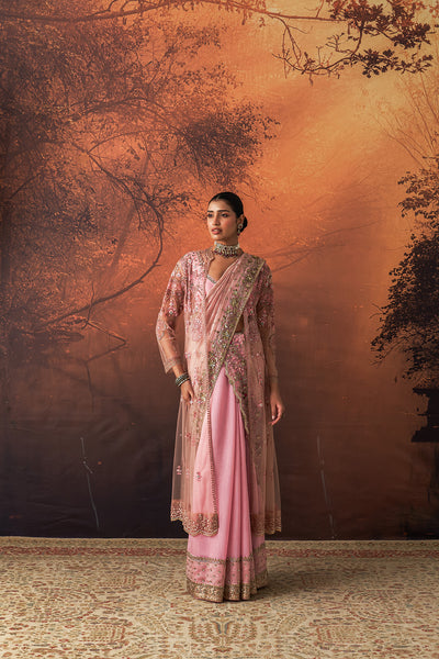 ONION PINK TUSSAR & ORGANZA EMB. TWO-PIECE SAREE SET (3 PCS)
