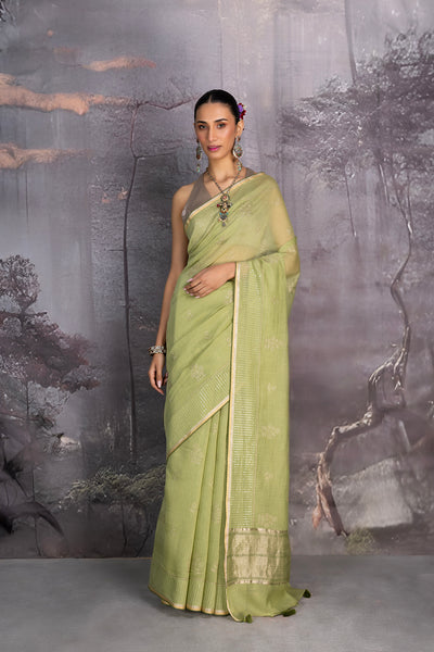 PISTA GREEN CHANDERI EMBROIDERED SAREE (1 PC)