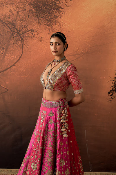 HOT PINK TISSUE MULTIKALI EMB. LEHENGA SET (EVO-09) (3 PCS)
