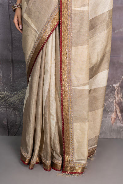 TOOSH &amp; GREY ZARI STRIPE EMBROIDERED SAREE (2 PCS)