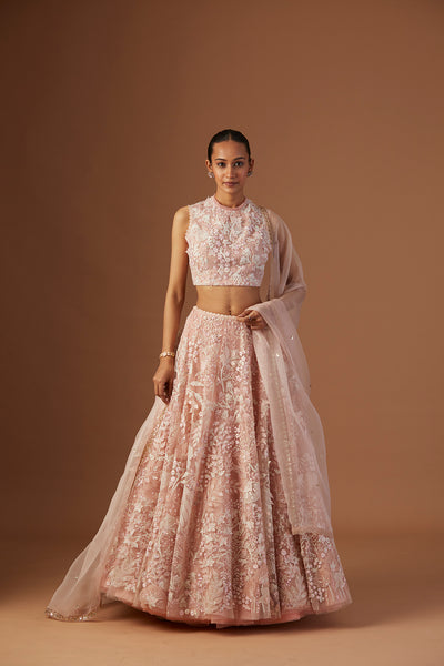 BLUSH TULLE NET 3D EMBROIDERY LEHENGA SET(WD-03/SKT + CRN, WD-03A/BLS, W-03/DUP)