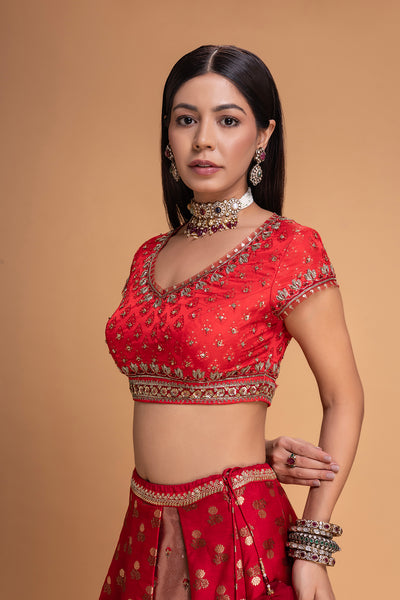 RED BROCADE LEHENGA SET (3 PCS)