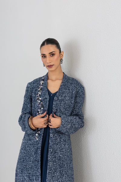 BLUE WOOLEN TEXTURED LONG JACKET (1 PC)