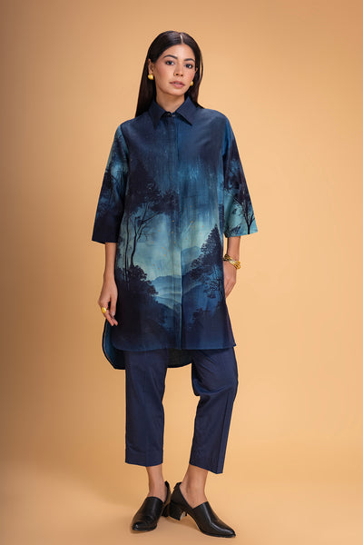 DARK BLUE CHANDERI PRINTED SHIRT (1 PC)