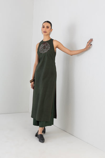 MOSS GREEN MELANGE DRESS PAIRED WITH MOSS GREEN PANTS (2 PCS)