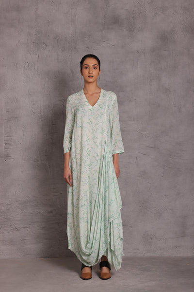 AQUA COTTON MARBLE PRINTED DRAPE DRESS (1 PC)