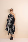 BLACK HANDWOVEN COTTON PATCHWORK DRAPED DRESS (1 PC)