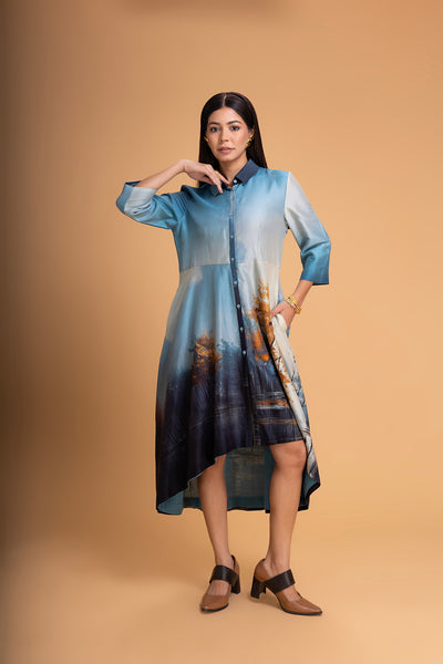 SHADES OF BLUE SILK CHANDERI PRINTED TUNIC (1 PC)