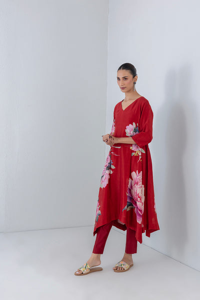 CRIMSON FLAME SILK CHANDERI CHINA ROSE PRINTED DRESS (1 PC)