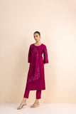 MAGENTA STRIPE DUPION PRINTED & EMBROIDERED ANGRAKHA KURTA SET (2 PCS)