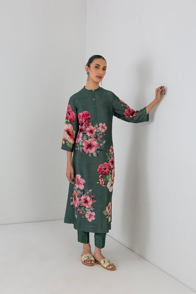 MINTED SAGE DUPION HIBISCUS PRINTED DRESS (1 PC)