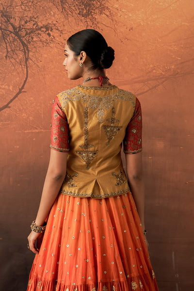 ORANGE & YELLOW TISSUE BROCADE EMB. LEHENGA SET (MH-01C) ( 5 PCS)