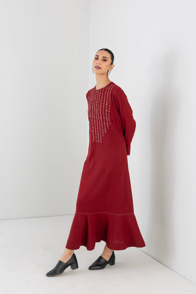 RED MELANGE ABSTRACT EMBROIDERED LONG DRESS (1 PC)