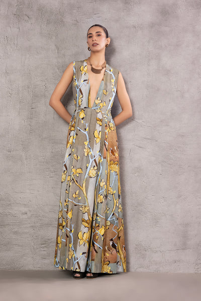 GREY & BROWN SILK DUPION TRENCH COAT PAIRED WITH GREY TREE PRINTED DUPION DRESS (AJP-07)