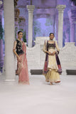 GOLD TISSUE CRUSHED ANARKALI PAIRED WITH A GREEN EMBROIDERED KOTI, SHARARA, AND PURPLE ANTIQUE EMBROIDERED DUPATTA. (4 PCS)