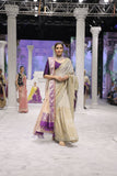 GOLD FOIL-PRINTED TISSUE SAREE PAIRED WITH A PURPLE EMBROIDERED KEDIA AND PEACH TISSUE ANTIQUE BORDER DUPATTA. (3PCS)