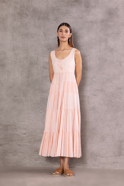 PEACH COTTON ZIG-ZAG PRINTED TIERED DRESS ( DRS-06/TUN)