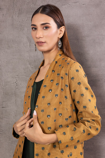 MUSTARD COTTON AJARAKH PRINTED EMBROIDERED & JACKET (PR-14A/JKT)