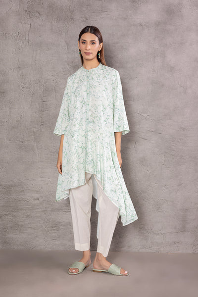 MINT MARBLE ABSTRACT COTTON PRINTED ASSYMETRICAL TUNIC (TNC-22)