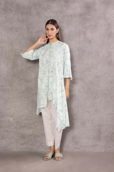 MINT MARBLE ABSTRACT COTTON PRINTED ASSYMETRICAL TUNIC (TNC-22)