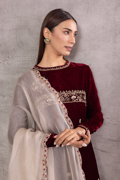 MAROON VELVET EMBROIDERED KURTA WITH TOOSH ORGANZA SHARARA & MATCHING EMBROIDERED DUPATTA