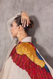 ASH GREY SILK DUPION EMBROIDERED & BIRD PRINTED DRAPED TUNIC (AJP-05)