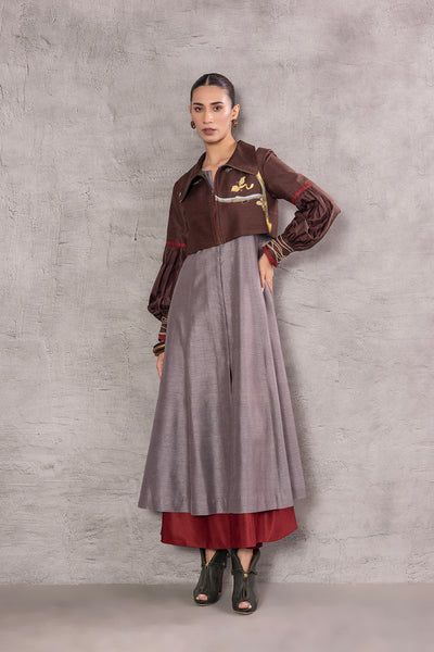 BROWN & GREY SILK TRENCH COAT WITH OLIVE KHADI PANTS (AJP-01)