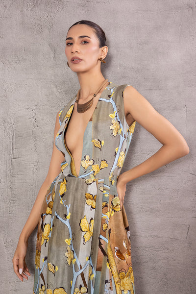 GREY & BROWN SILK DUPION TRENCH COAT PAIRED WITH GREY TREE PRINTED DUPION DRESS (AJP-07)