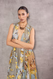 GREY & BROWN SILK DUPION TRENCH COAT PAIRED WITH GREY TREE PRINTED DUPION DRESS (AJP-07)