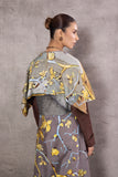 GREY & BROWN SILK DUPION TRENCH COAT PAIRED WITH GREY TREE PRINTED DUPION DRESS (AJP-07)